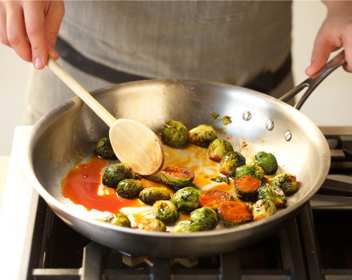 step 9 In the same pan as the shrimp, add the brussels sprouts and cook for three minutes until golden brown. Remove from heat.