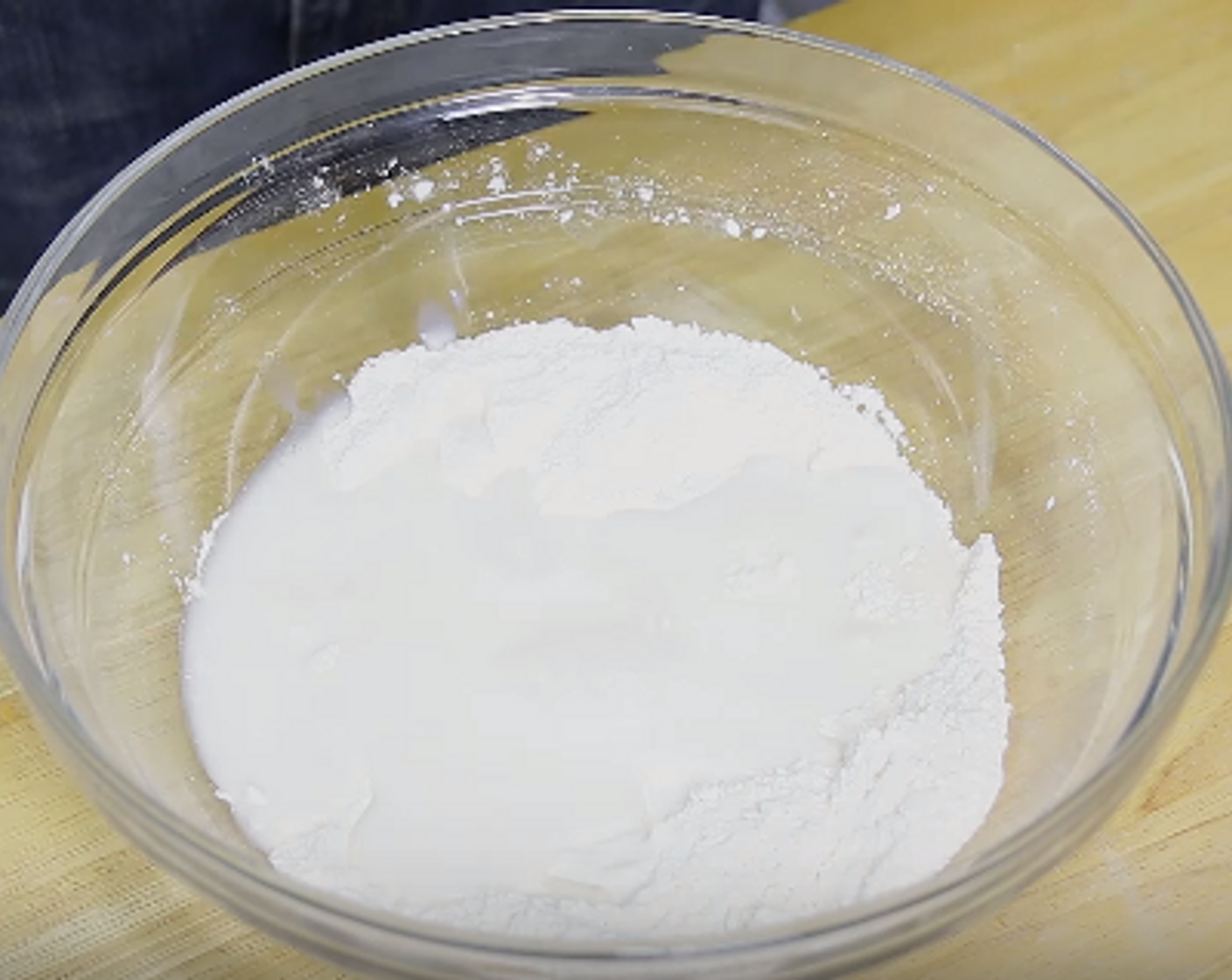 step 1 Mix All-Purpose Flour (3/4 cup), Cornmeal (1 Tbsp), Baking Powder (1/2 Tbsp), Salt (1 tsp) and Granulated Sugar (1 Tbsp) in a large bowl. Add Milk (3/4 cup) and stir.