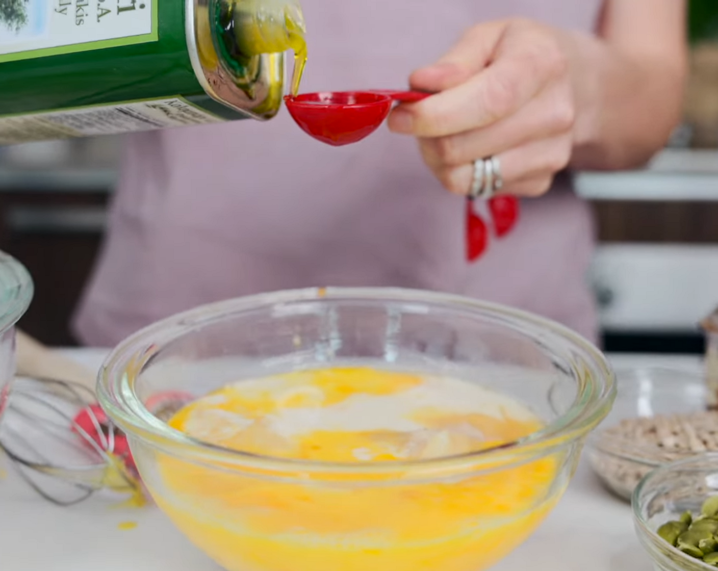 step 3 In a small bowl, whisk Eggland's Best Classic Eggs (3) and combine with Unsweetened Apple Sauce (2/3 cup), Apple Cider Vinegar (1 Tbsp), Maple Syrup (2 Tbsp), Oat Milk (4 Tbsp), and Extra-Virgin Olive Oil (2 Tbsp).