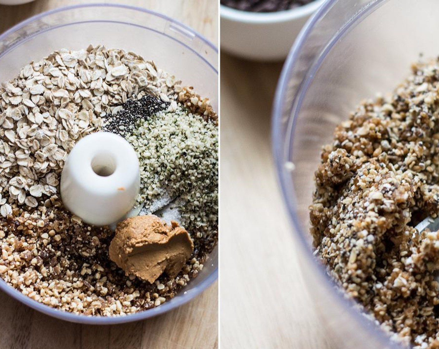 step 3 Add Old Fashioned Rolled Oats (3/4 cup), Chia Seeds (1 Tbsp), Hemp Hearts (2 Tbsp), Powdered Peanut Butter (2 Tbsp), Water (1 1/2 Tbsp), Vanilla Extract (1 tsp) and Salt (1/4 tsp). Process another 20-30 seconds or until ingredients are finely chopped and well blended.