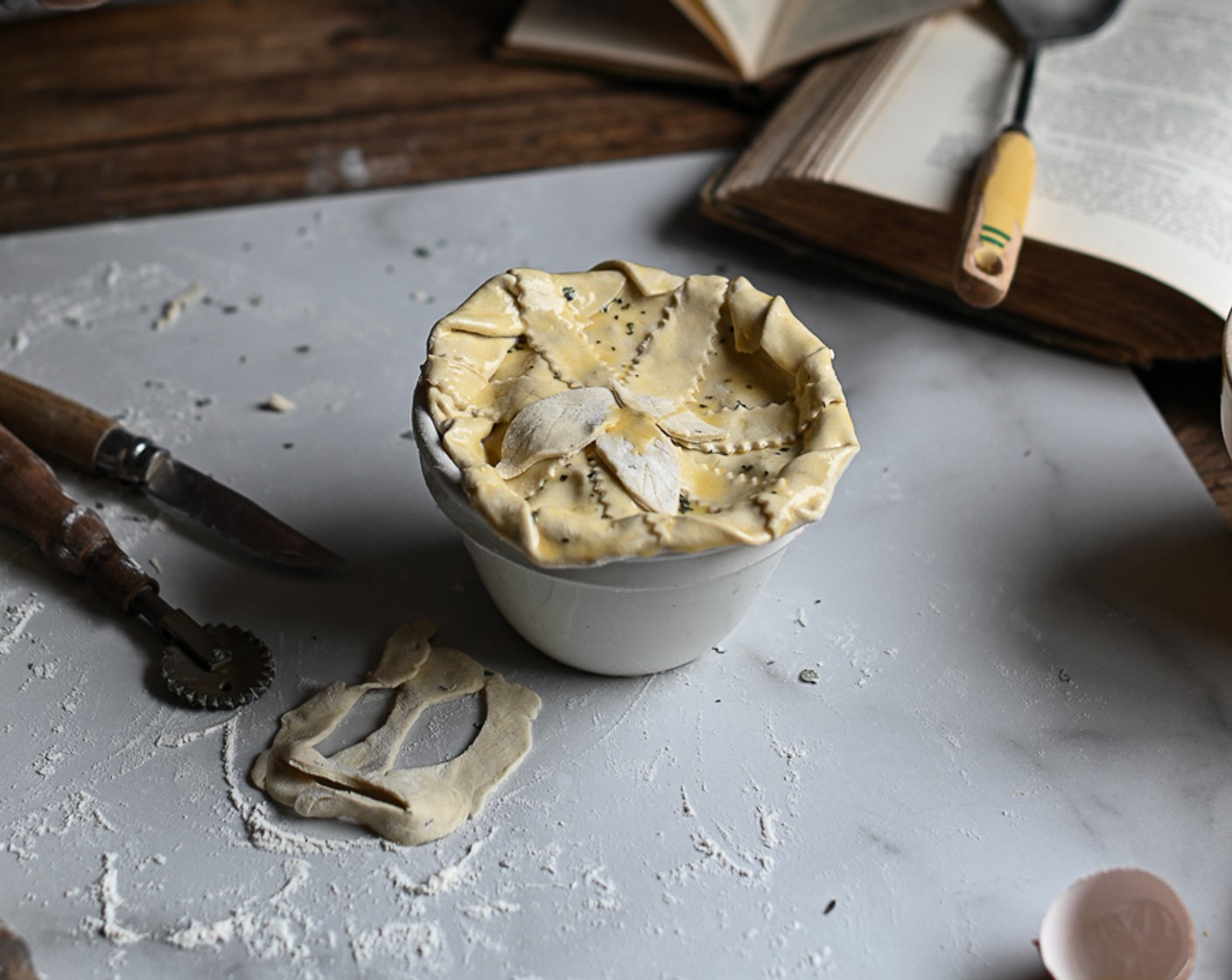 step 7 Fill your pie dish or dishes with the chicken mixture and drape over the pastry, cutting off any excess and decorating the pie as desired. Brush the top of the pie with the Egg (1).