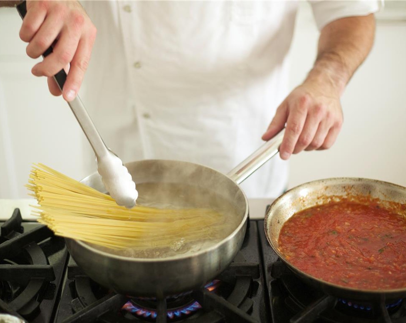 step 17 Add Spaghetti (8 oz) to boiling water. Carefully stir occasionally, and cook pasta for nine minutes, or until tender.