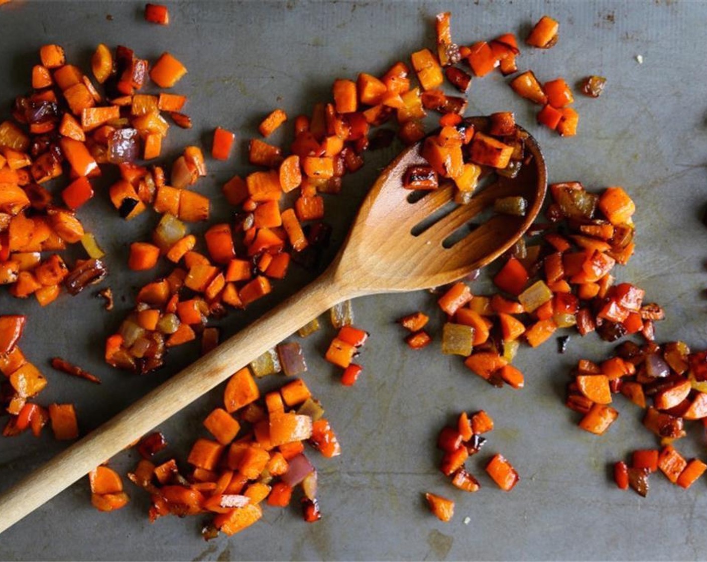 step 5 Using the same skillet with some olive oil, saute diced carrots, red pepper and red onion until softened, about 7 minutes. Remove skillet from heat.