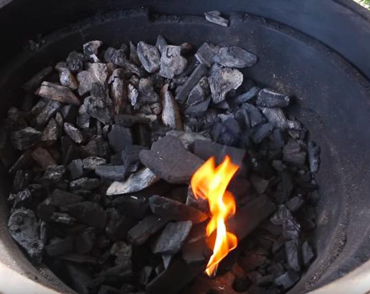 step 1 Prepare Big Green Egg or other grill for indirect cooking. Maintain grill temp of 300 degrees F (150 degrees C). Add cherry wood chunks to hot coals for smoke.