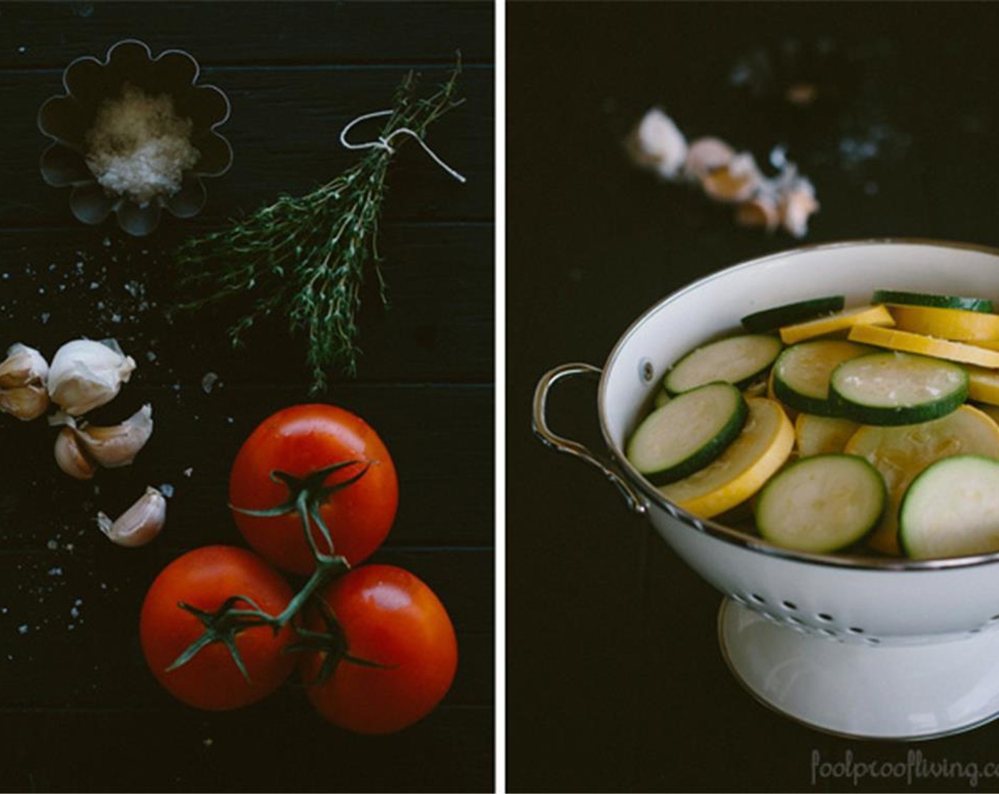 step 1 Slice the Zucchini (2), Yellow Squash (2), Tomatoes (2) into 1/4 inch slices. Thinly slice Onions (2) and Shallot (1).