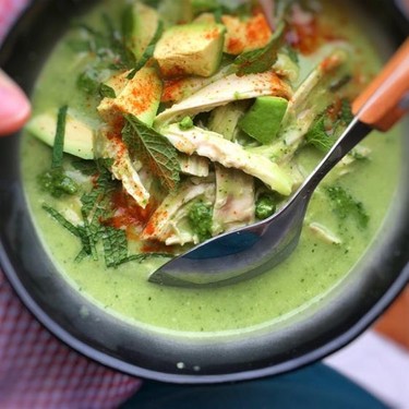 Creamy Pesto Chicken Soup with Avocado Recipe | SideChef