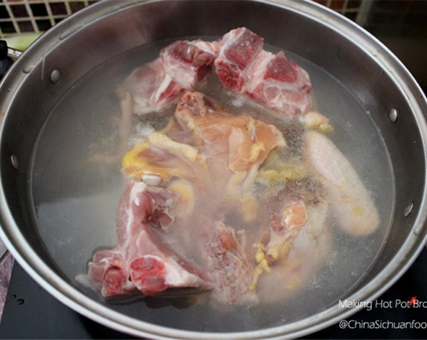 step 1 Cut Chicken (1 lb) into chunks. Clean the chicken and Pig Bones (2 pieces). Boil a large pot of water. Add chicken and pig bones. When the blood surfaces to the top of the soup, strain out the meat. Cut the chicken into small pieces.