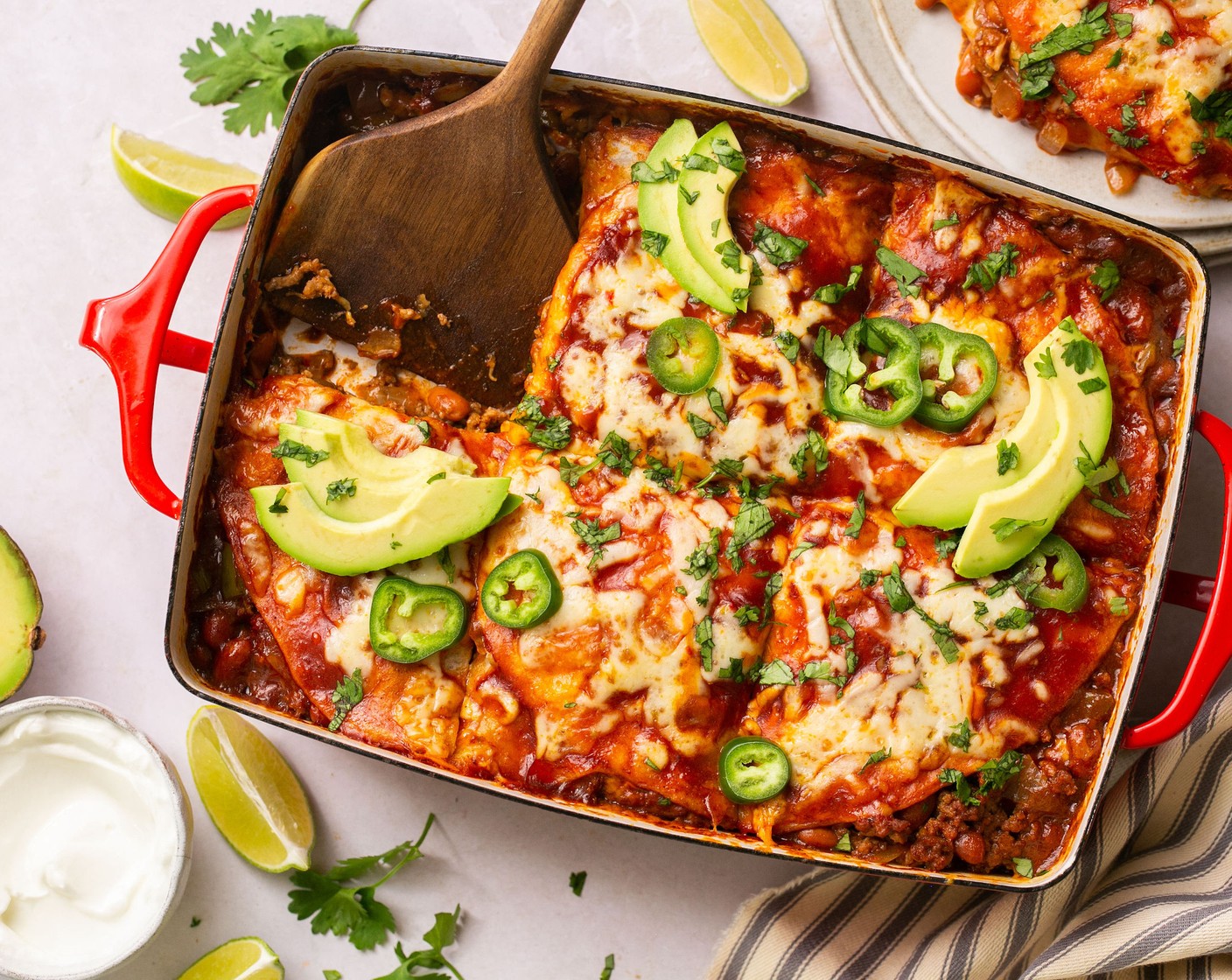 step 11 Once done, let the casserole rest for at least 3 minutes before slicing it into square servings. Optionally, top with Limes (to taste), Fresh Cilantro (to taste), Avocados (to taste), Sour Cream (to taste), or any of your favorite toppings. Enjoy!