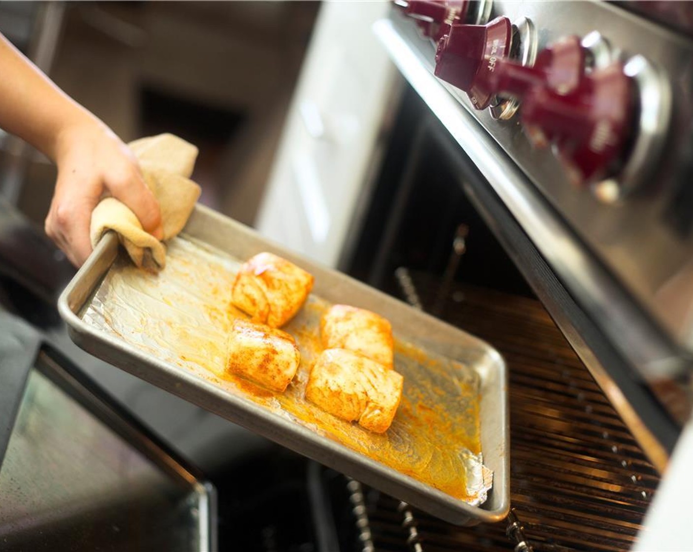 step 15 Remove halibut fillet from marinade and place on foil lined sheet pan. Drizzle marinade over each piece of fish. Roast in the oven for six minutes or until the fish flakes when tested with a fork. Remove from oven.