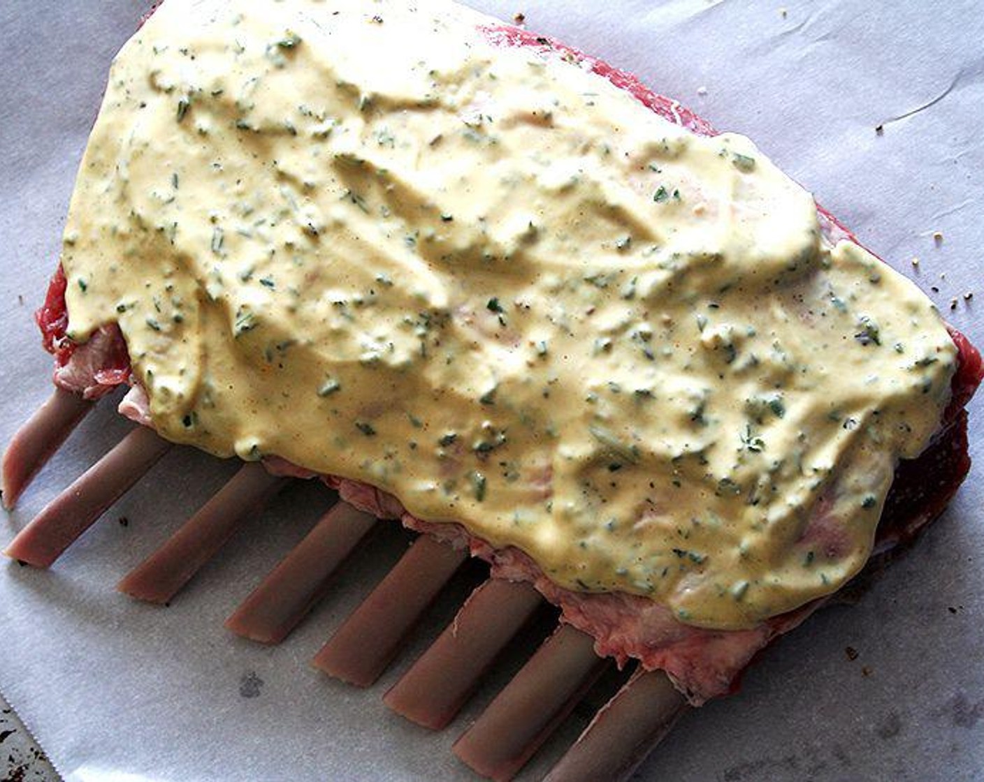 step 3 Mix together Mayonnaise (2 Tbsp), Yellow Mustard (1/2 Tbsp) and Fresh Herbs (1/2 Tbsp). Spread in an even layer across the rack of lamb — you might not need it all.