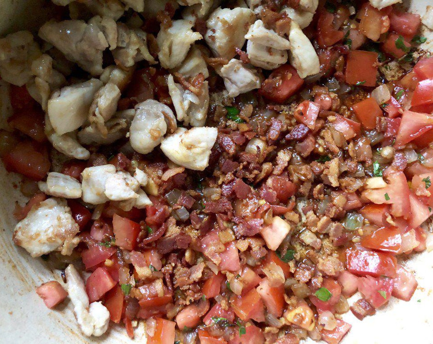 step 4 Add Plum Tomato (1 cup), Fresh Oregano (2 Tbsp), and Freshly Ground Black Pepper (1/4 tsp). Cook for 1 minute, stirring constantly. Return the bacon and chicken to the pan.