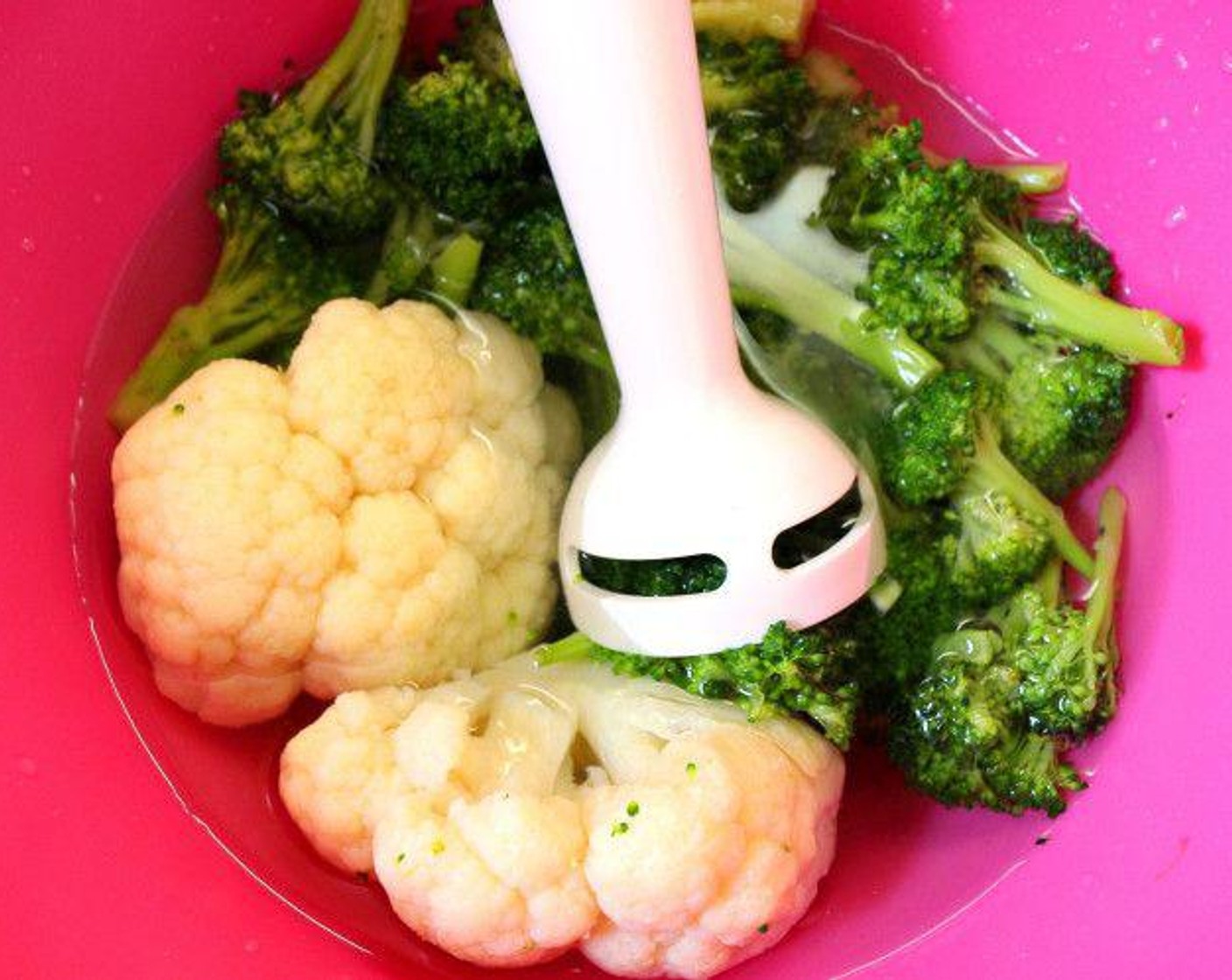 step 4 Add Chicken Stock (3 cups) to Cauliflower (2 cups) and Broccoli (2 cups). Blend with a stick blender until very smooth.