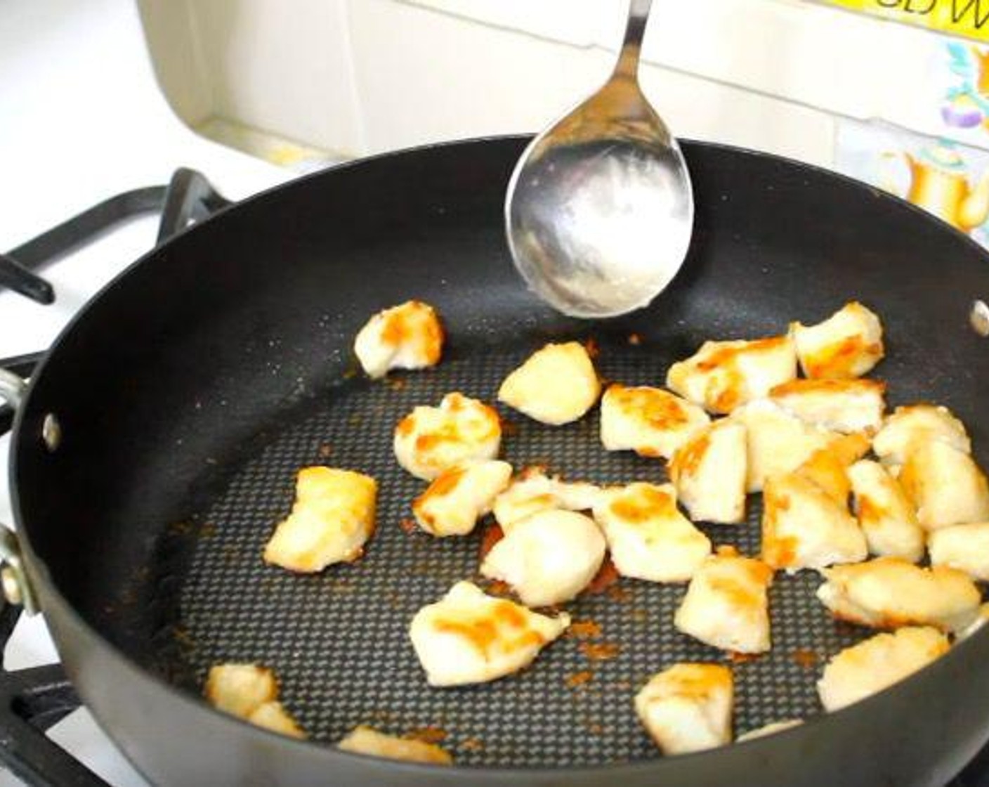 step 2 In a frying pan over medium-high heat, warm Oil (1/4 cup). Add chicken to the pan and cook for 5 minutes, or until browned.