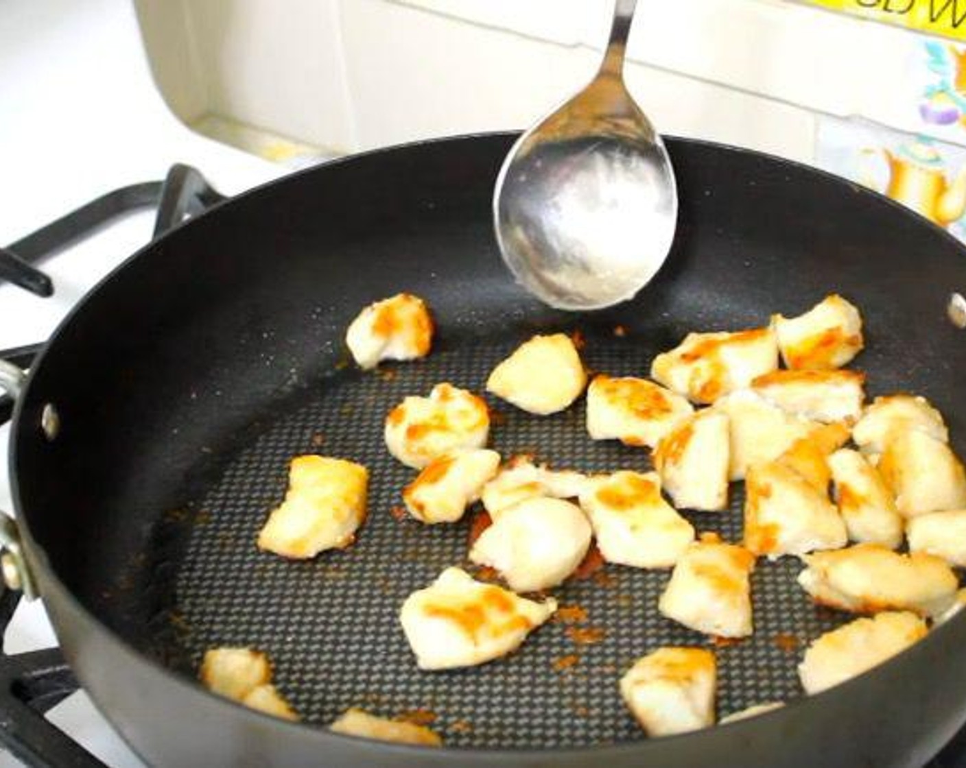 step 2 In a frying pan over medium-high heat, warm Oil (4 Tbsp). Add chicken to the pan and cook for 5 minutes, or until browned.