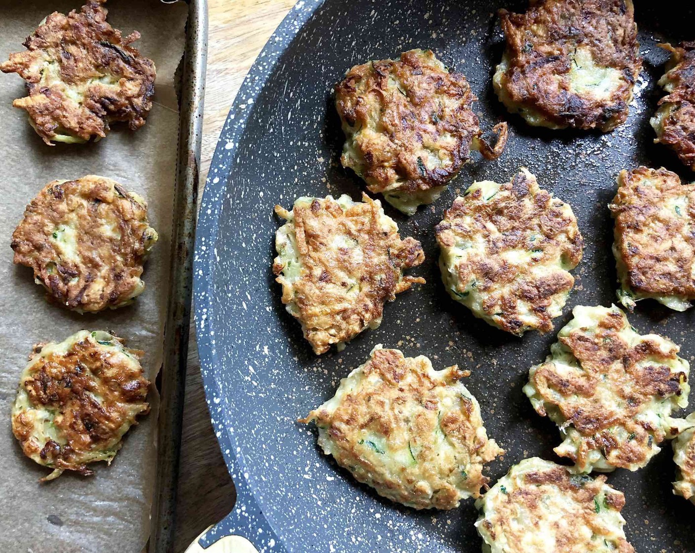 step 5 In a large nonstick skillet heat Olive Oil (2 Tbsp) over medium heat. Working in batches, drop batter by slightly rounded tablespoons into hot skillet.  Use a spatula to flatten into patties.  Cook 4 to 5 minutes per side or until golden brown, decreasing heat, if necessary.