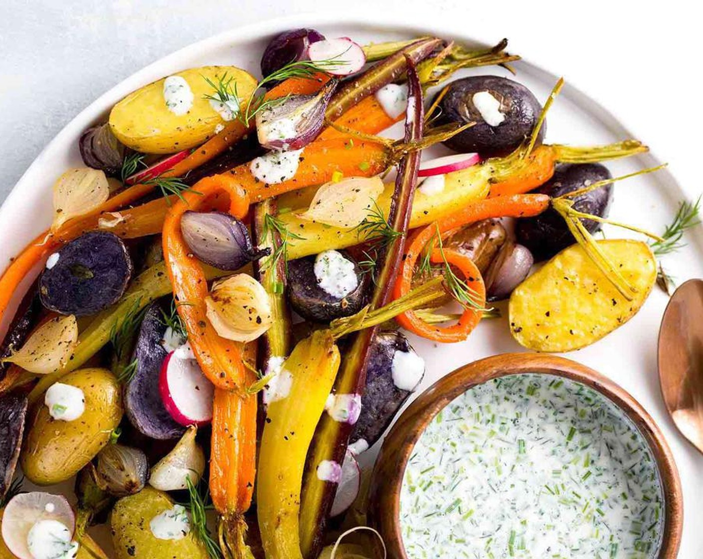 Roasted Root Vegetables with Yogurt Ranch Sauce
