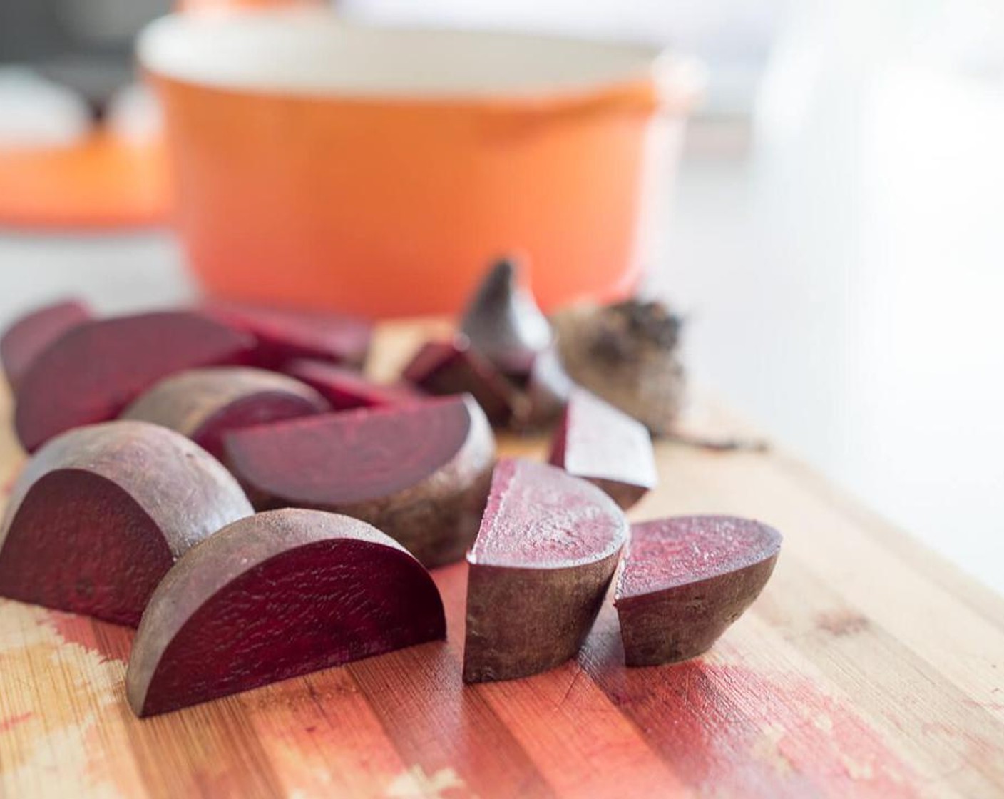 step 1 To make the pureed beets, cut Beets (2) into chunks and roast for 45 minutes at 350 degrees F (180 degrees C) in a dish with a lid or until fork tender.