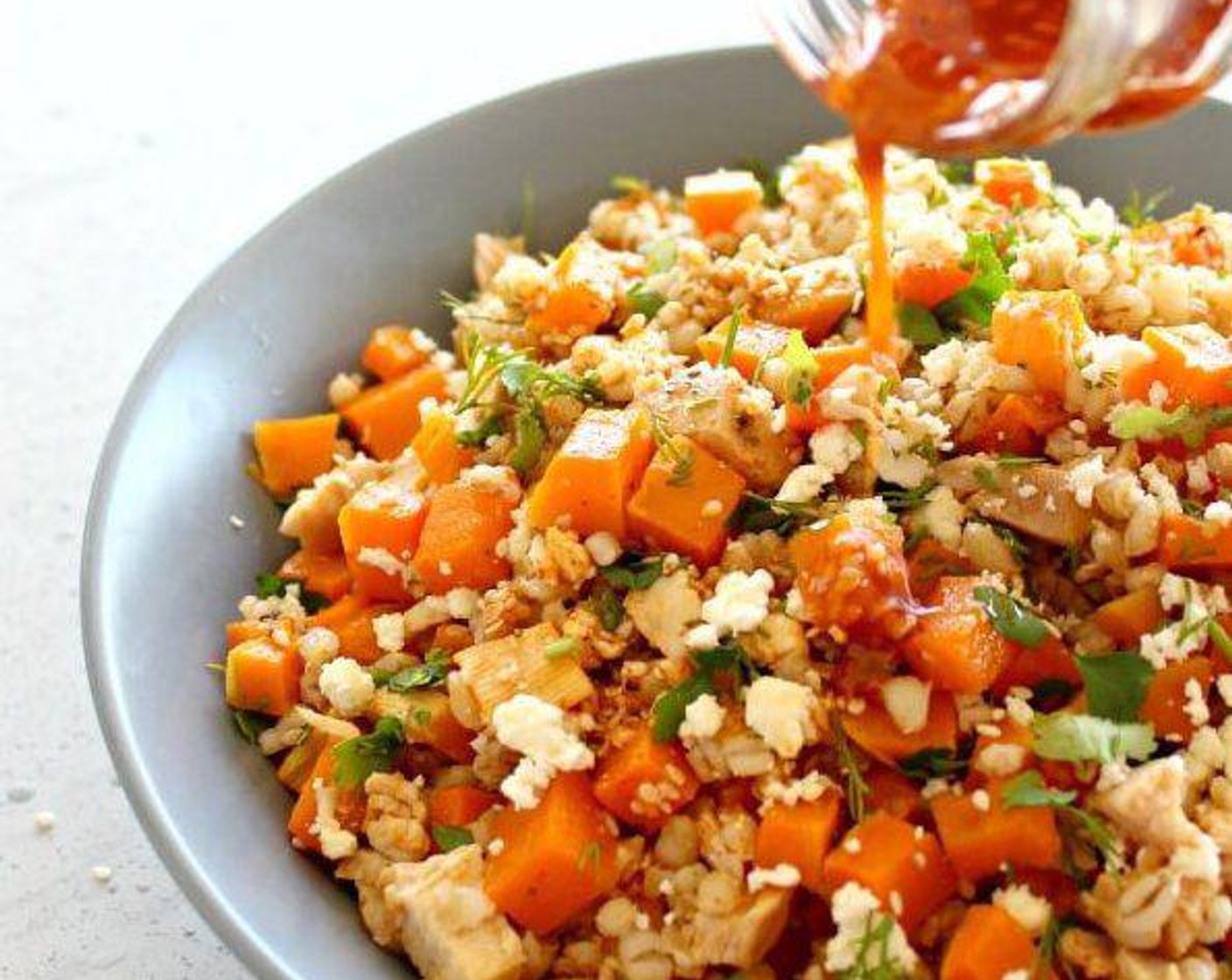 step 6 Remove from the oven and allow to cool. Pile Pearl Barley (1 cup) into a salad bowl. Slice or cube the chicken breasts and gently fold the chicken and butternut into the barley. Top with Feta Cheese (1/2 cup), Fresh Parsley (to taste) and Fresh Dill (to taste).