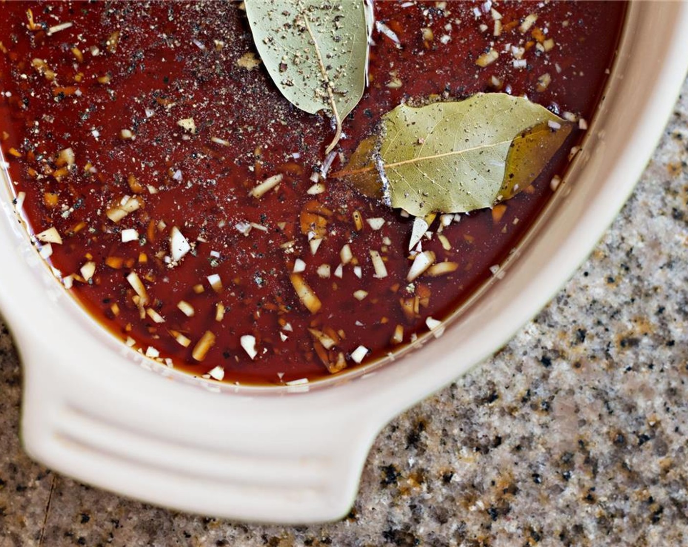 step 1 In a large, non-aluminum pan, stir together the Rice Vinegar (3/4 cup), Soy Sauce (1/4 cup), Garlic (2 cloves), Ground Black Pepper (1/2 tsp), Bay Leaves (2), Fresh Ginger (to taste), and Jalapeño Peppers (4).