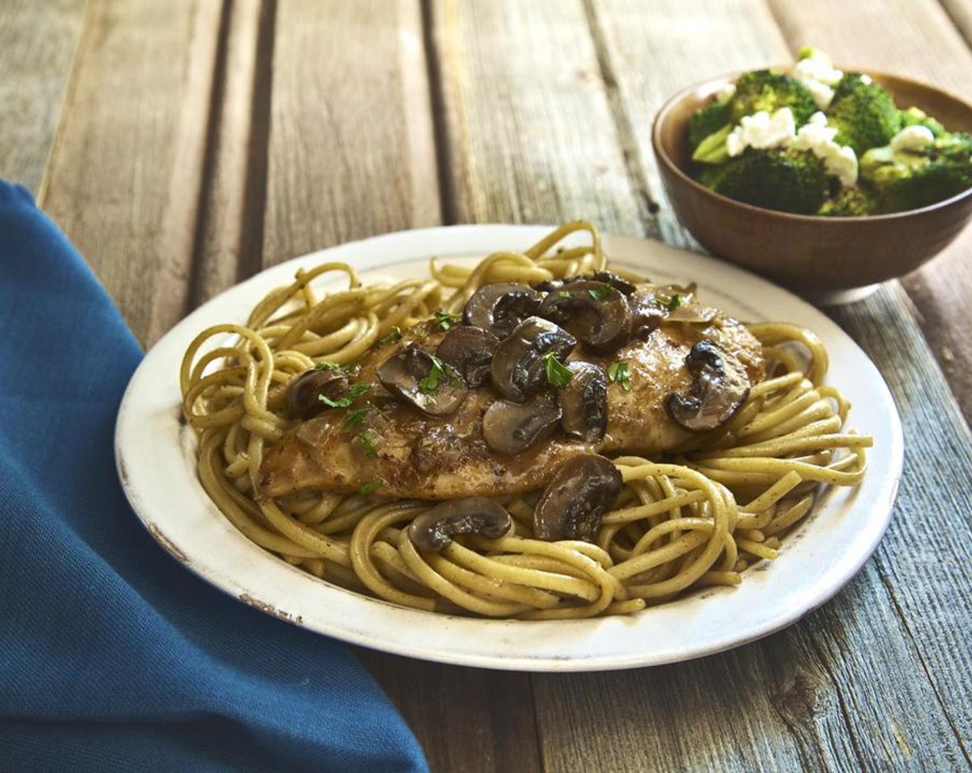 Chicken Marsala with Linguine and Roasted Broccoli