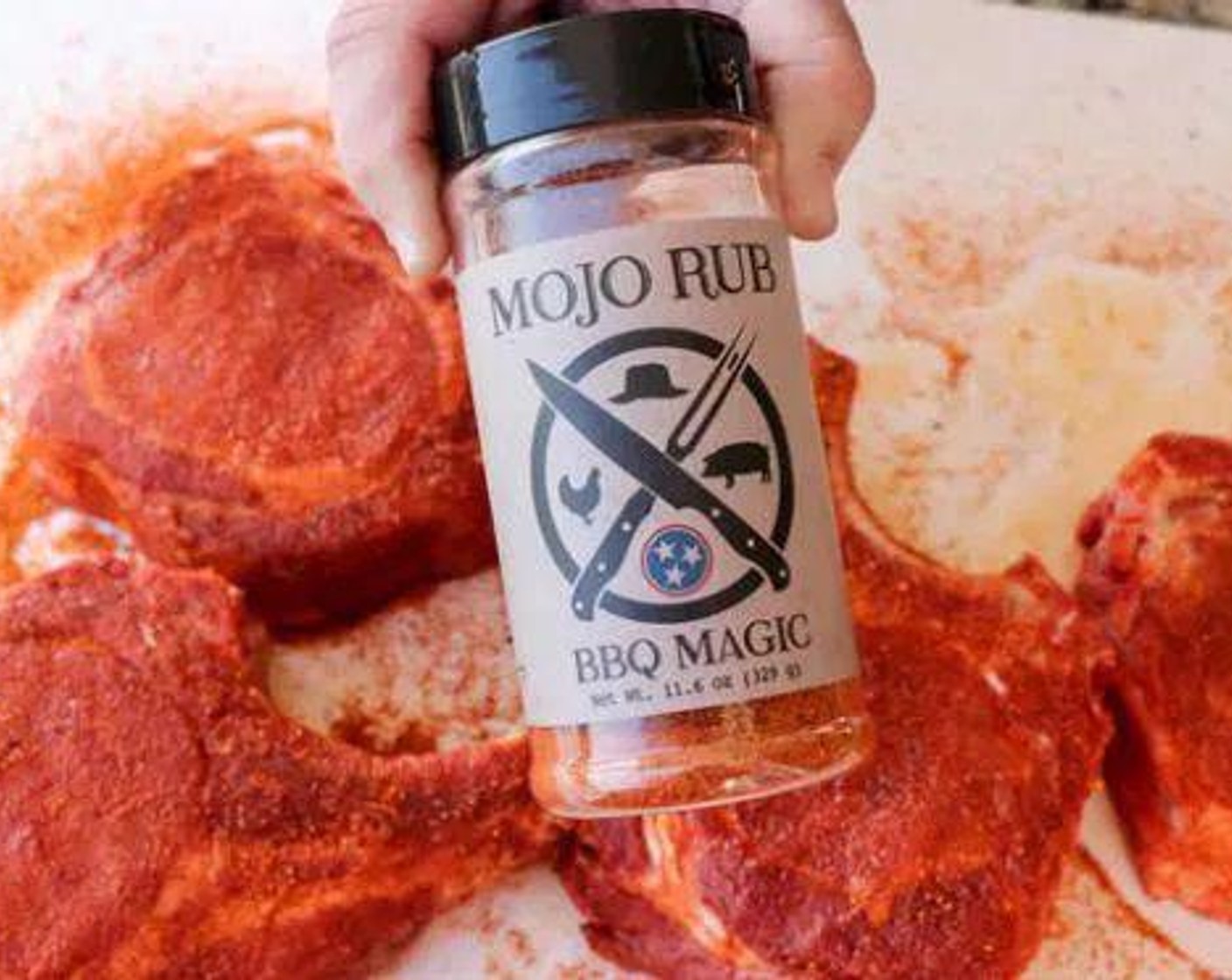 step 1 Season Bone-In Pork Loin Chops (4) with Barbecue Rub (4 Tbsp) on all sides and rest for 30 minutes.