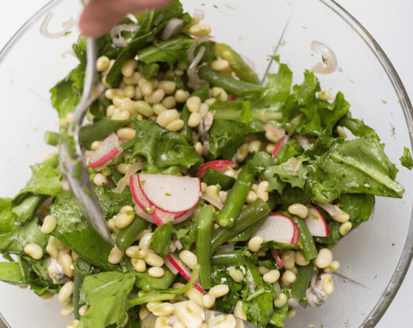step 7 Add Salad Greens (to taste), radishes, Italian Flat-Leaf Parsley (to taste) and boquerones. Toss well to combine.