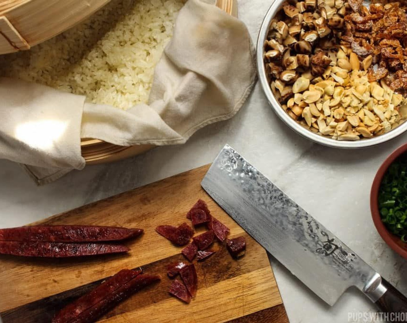 step 11 Remove the Chinese sausage and dried shrimp and finely chop it.