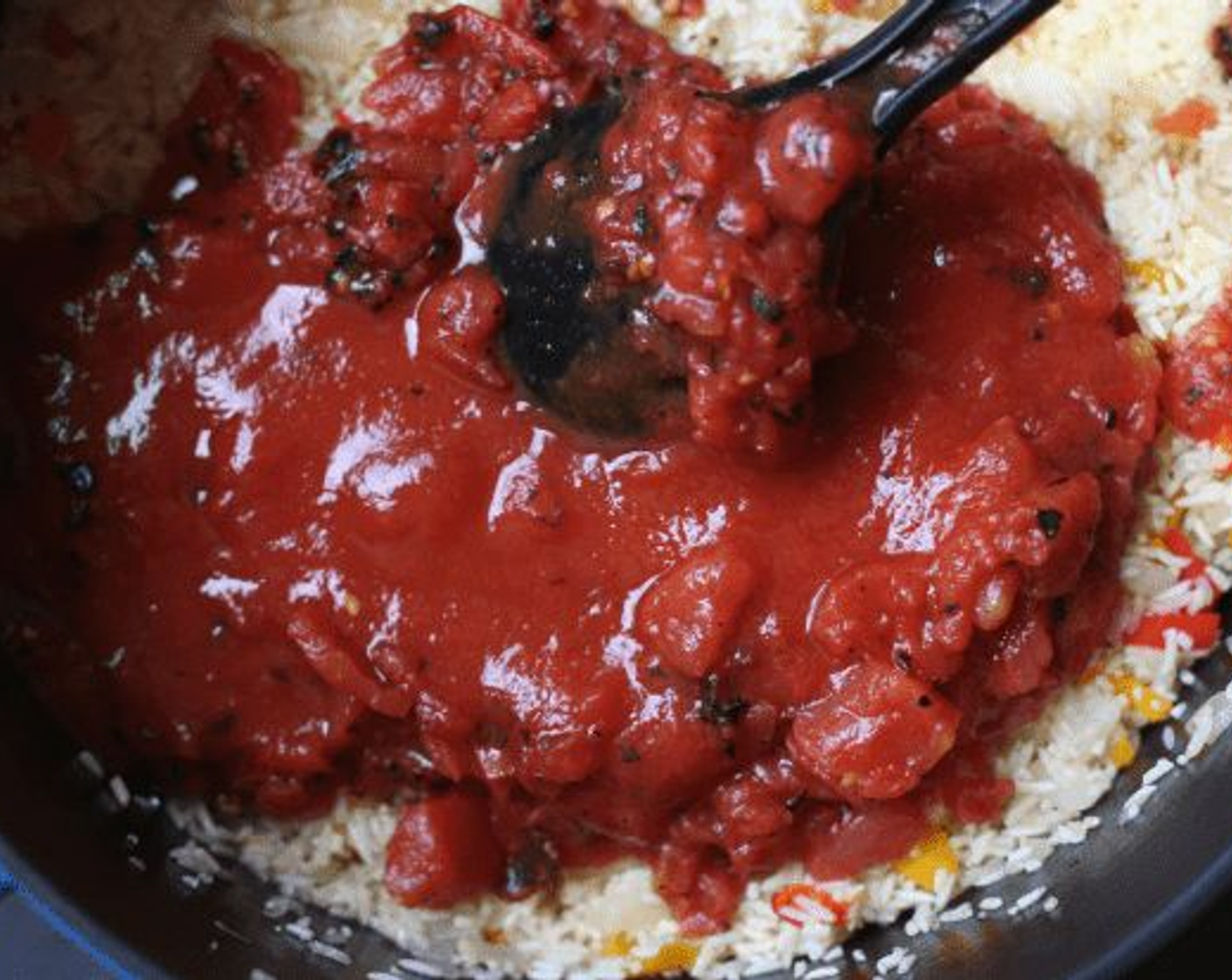 step 5 Stir in Red Bell Pepper (1), Orange Bell Pepper (1), Low-Sodium Chicken Broth (3 cups), Tomato Sauce (1 cup), Fire Roasted Diced Tomatoes (1 can), Tomato Paste (1/2 cup), Green Chili Peppers (3 Tbsp), Ground Cumin (1/2 tsp), Chili Powder (1/2 tsp), Dried Oregano (1/2 tsp), Smoked Paprika (1/2 tsp), Ground Coriander (1/4 tsp), and Salt (1/4 tsp).