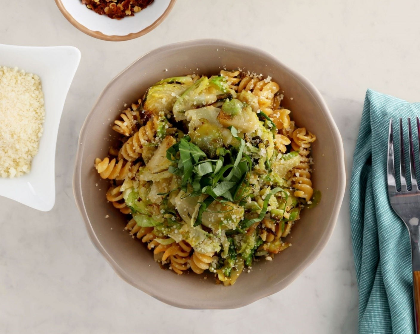 Chickpea Rotini with Shaved Brussels Sprouts, Basil, and Parmesan Cheese