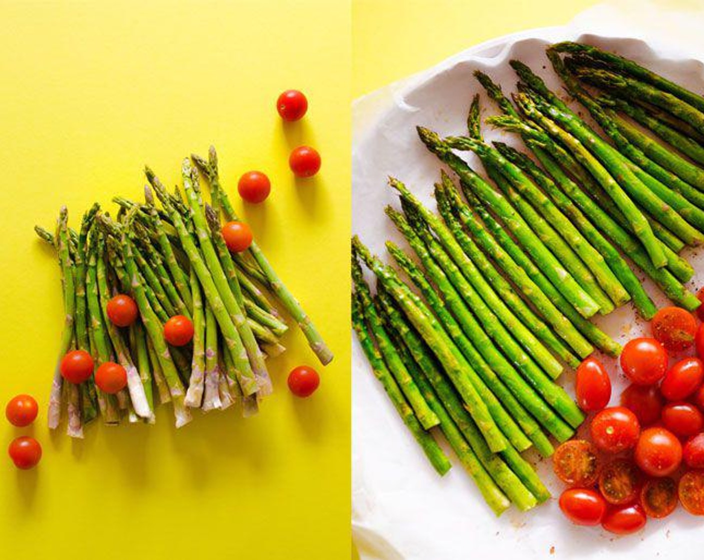 step 1 Preheat oven to 400 degrees F (200 degrees C). Wash and trim the Asparagus (3 cups), using a vegetable peeler to remove the tough skin of the bottom if it’s too thick. Set on a parchment paper-lined baking sheet with the Cherry Tomatoes (1 1/2 cups). Drizzle with a tablespoon or so of Olive Oil (4 Tbsp). sprinkle on a pinch of Salt (1/2 tsp) and Finely Ground Black Pepper (1 pinch) and toss to coat. Cook for 10 to 15 minutes, until asparagus spears are tender when poked with a fork.