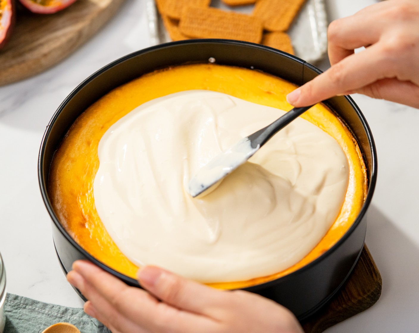 step 10 Spread the mixture on top of the cheesecake, and chill in the fridge for at least 2 hours.