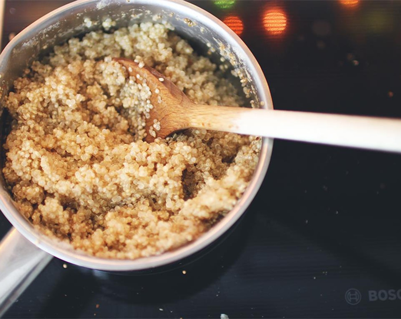 step 1 Firstly, cook the quinoa. For 1 part uncooked Quinoa (1 cup), I use 2 parts Water (2 cups). I put it on full heat then wait until the water starts to boil, then turn it all the way down low. I use a lid like I do with rice. Then you wait for all the water to evaporate.