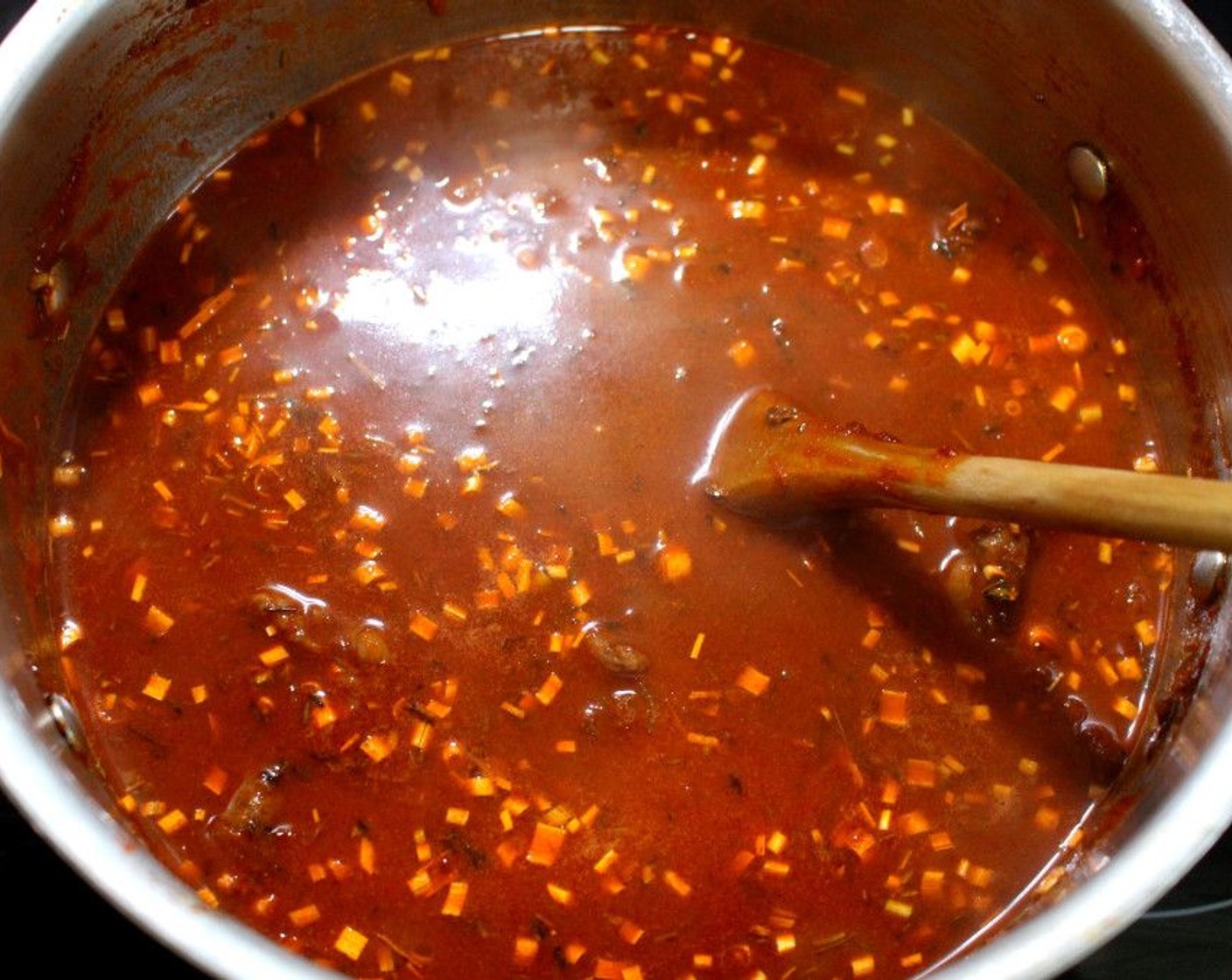 step 7 Add Beef Stock (8 cups) and simmer until meat is almost tender and the stock has thickened, about 1 1/2 to 2 hours, depending on the meat.