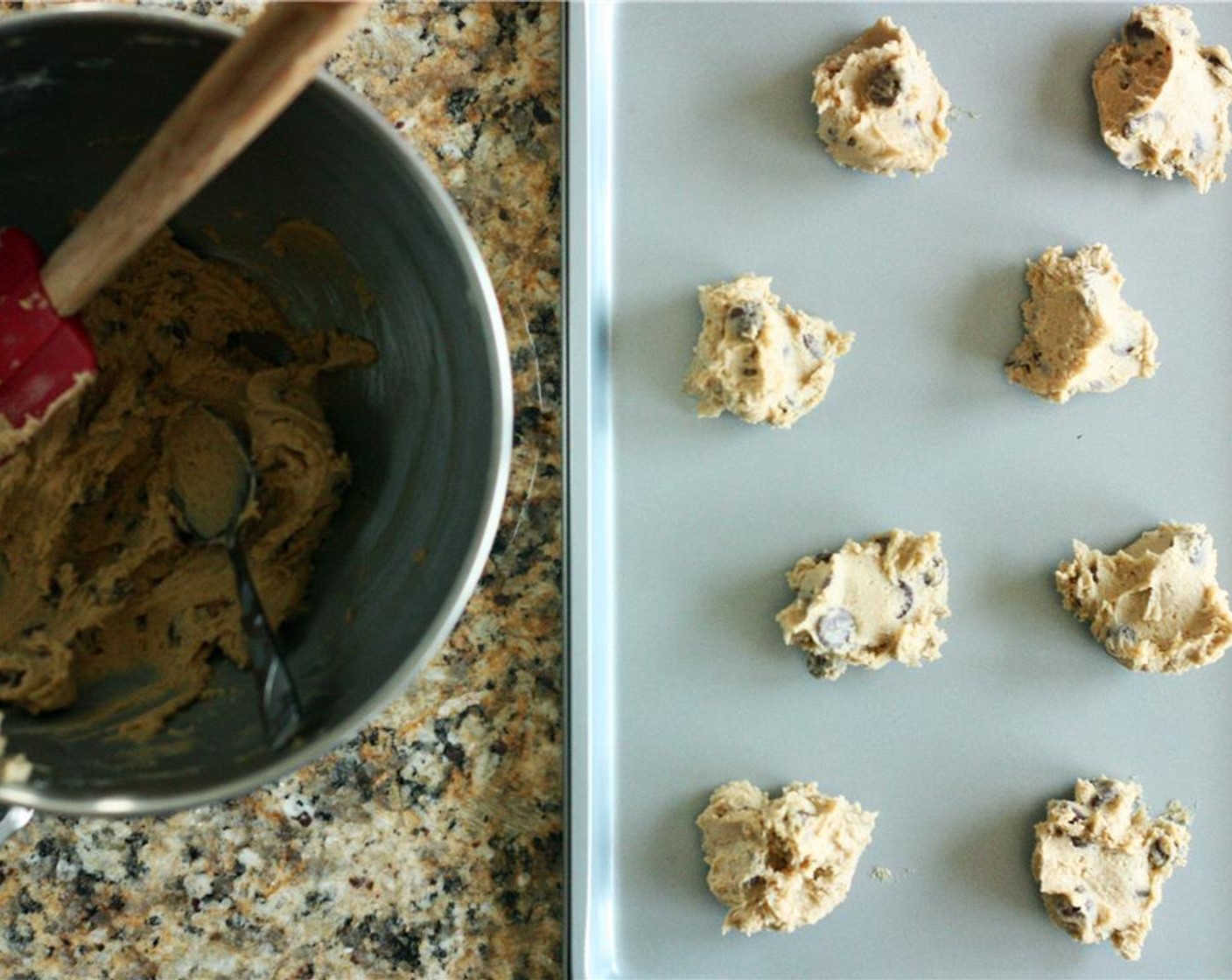 step 5 Drop heaping tablespoons of cookie dough onto a cookie sheet, about two inches apart. Bake on a center rack for 10-11 minutes until cookies begin to brown around the edges.