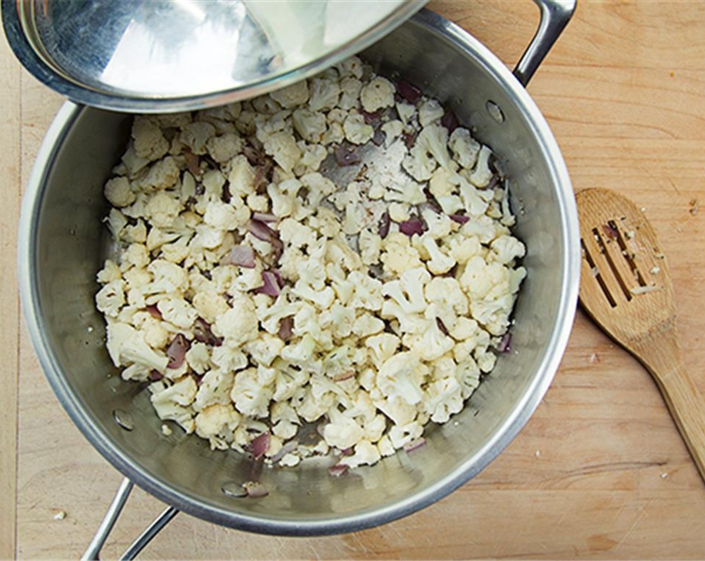 step 5 Break up Cauliflower (1 head) in small pieces. Add cauliflower, stir and cover. Cook until tender.