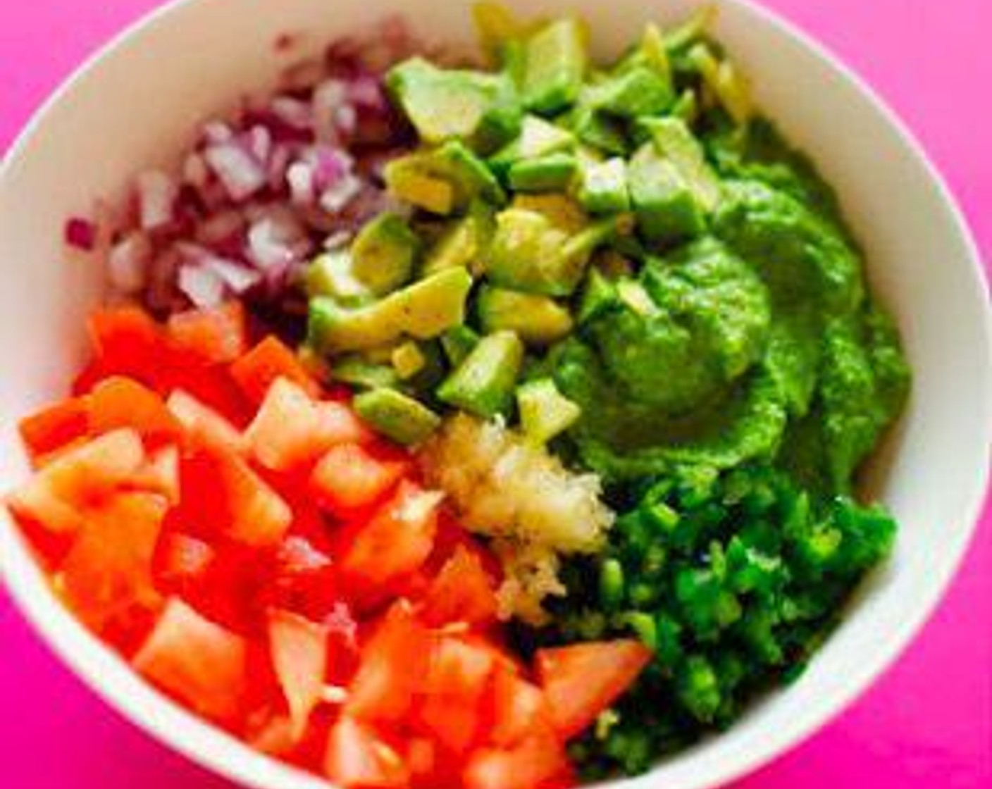step 2 Chop the remaining Avocado (1) into small chunks, then mix and mash into the puree, along with the Red Onion (1/4 cup), Jalapeño Pepper (1), and Garlic (1 clove). Once you reach a consistency to your liking, stir in the Tomato (1/2 cup).