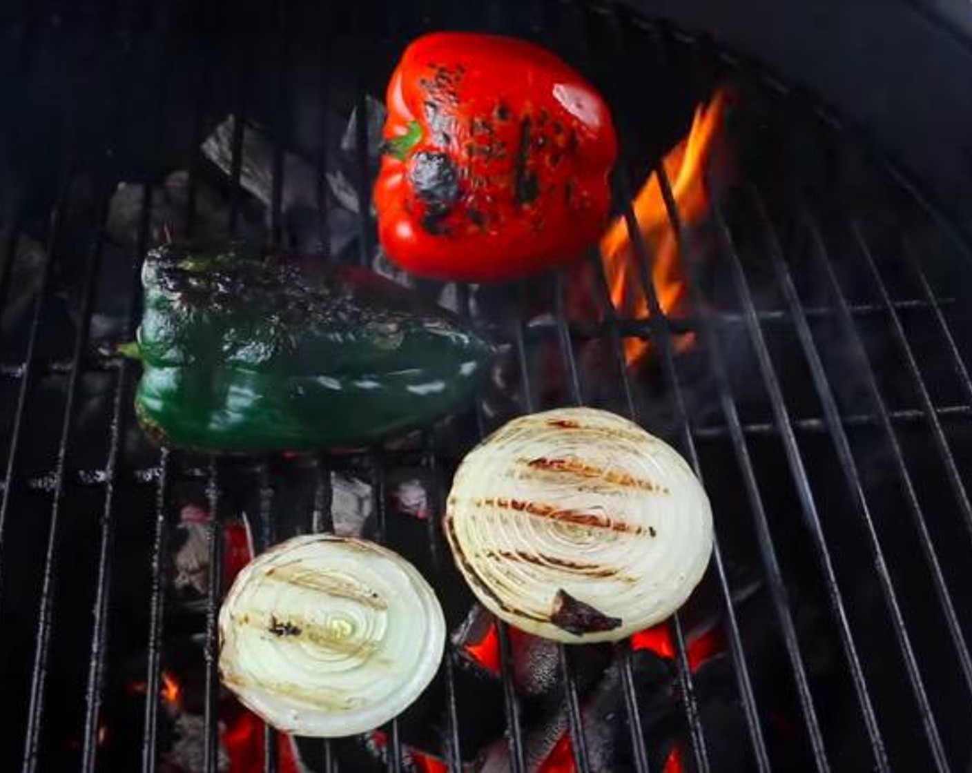 step 4 Grill Sweet Onion (1), Red Bell Pepper (1), and Poblano Pepper (1) for a few minutes on each side and chop.