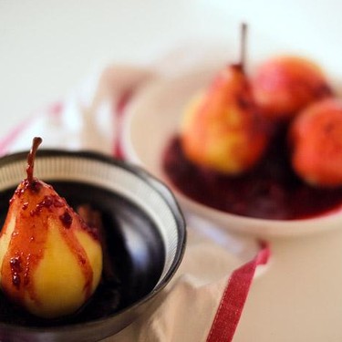 Poached Pears with Raspberry Chocolate Sauce Recipe | SideChef