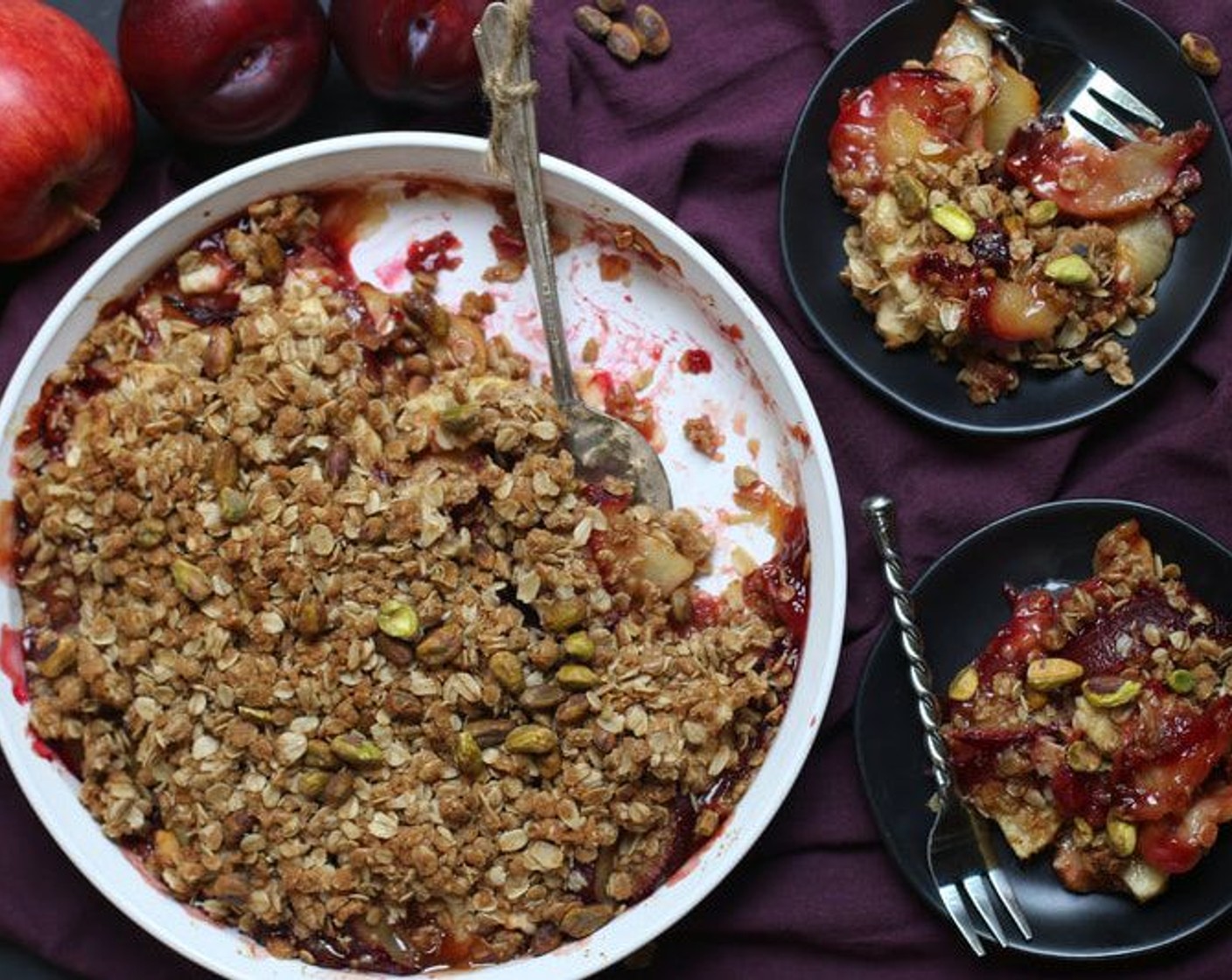 Plum and Apple Cardamom Crumble with Pistachios