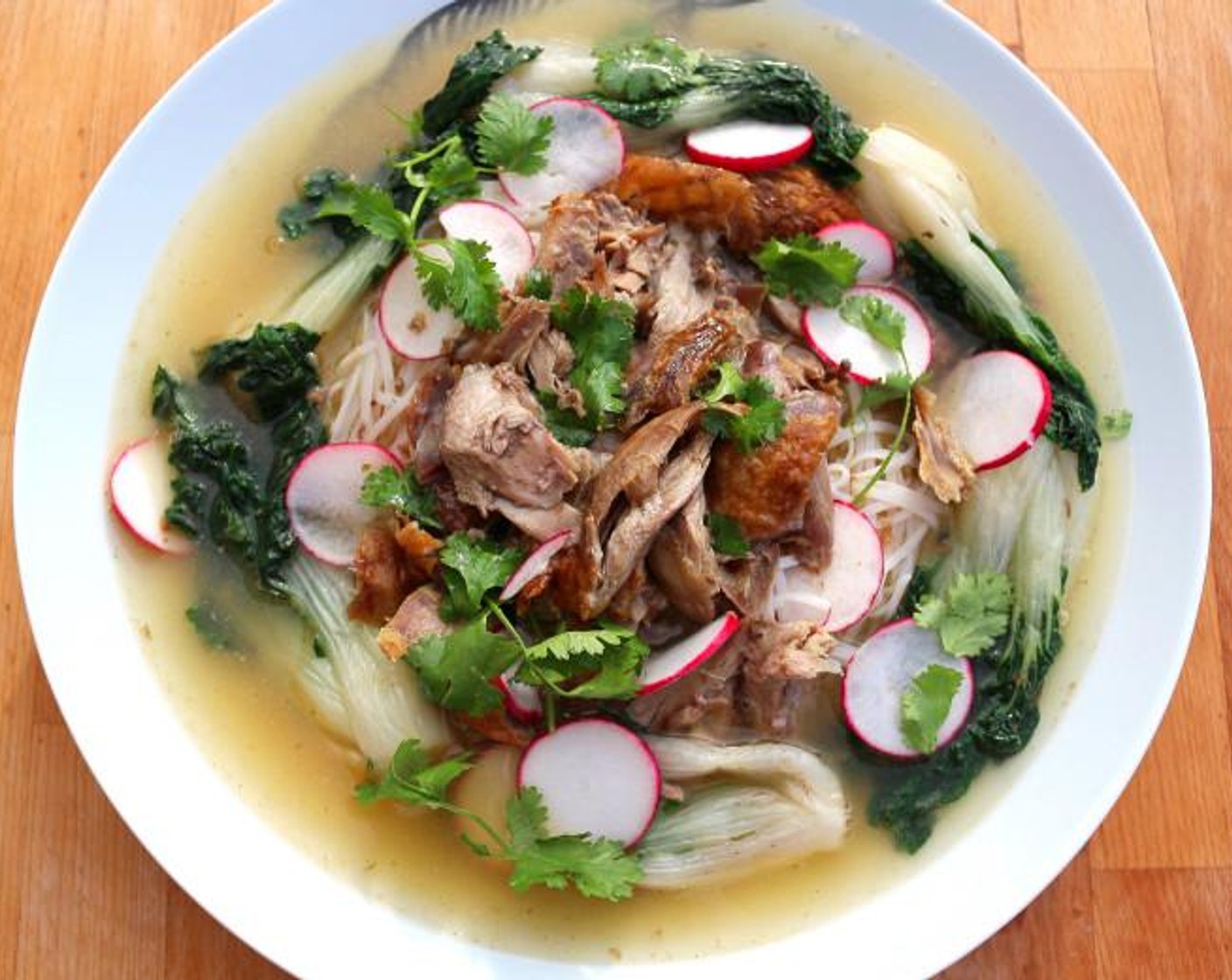 Duck Soup with Rice Noodles and Baby Bok Choy