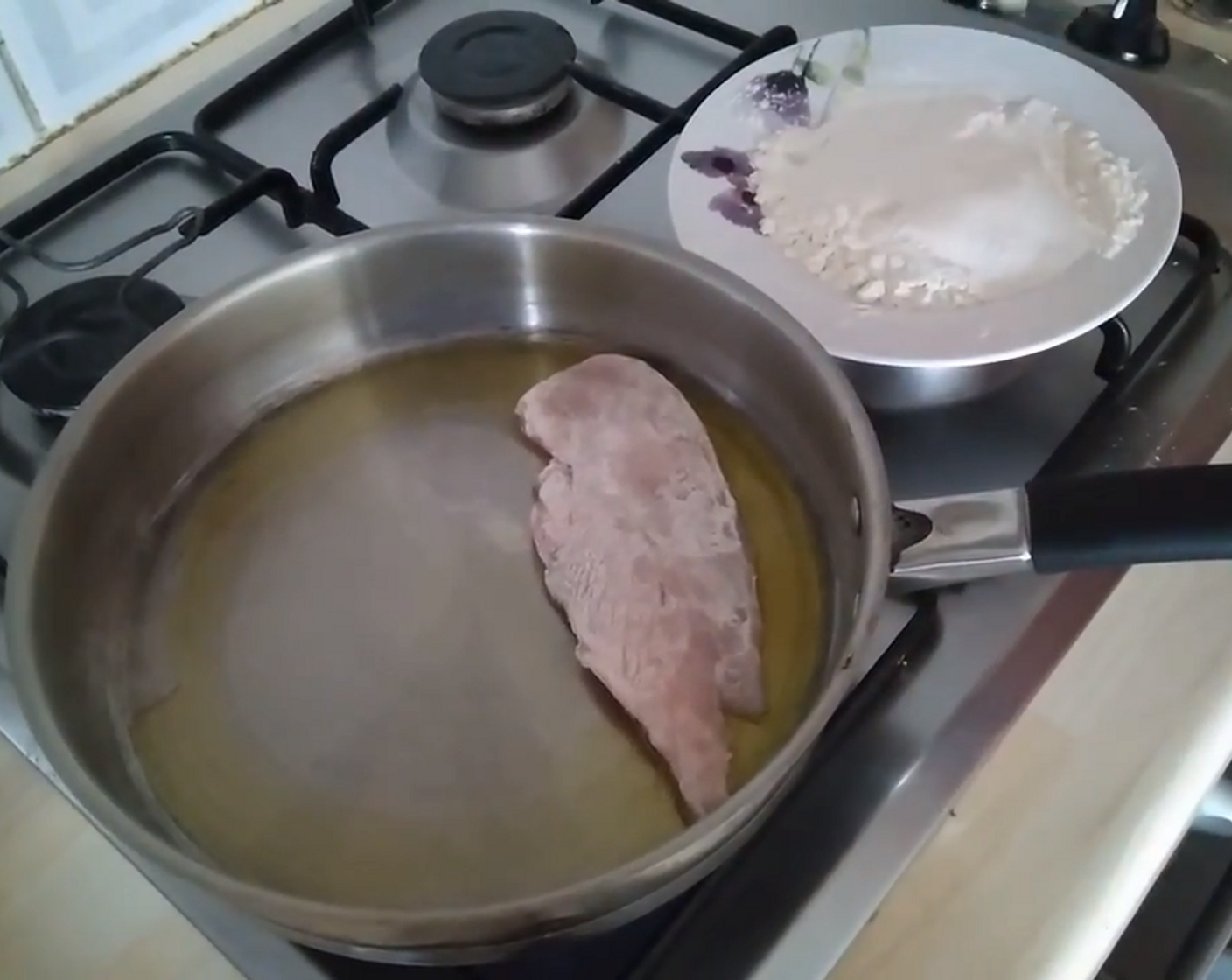 step 2 Dip each fillet into the All-Purpose Flour (as needed) and fry them in a pan with olive oil. Do not fry it until golden brown, just until it gets white or a bit brown.