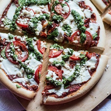 Gluten-Free Three Cheese Sun-Dried Tomato Pizza with Pesto Recipe | SideChef