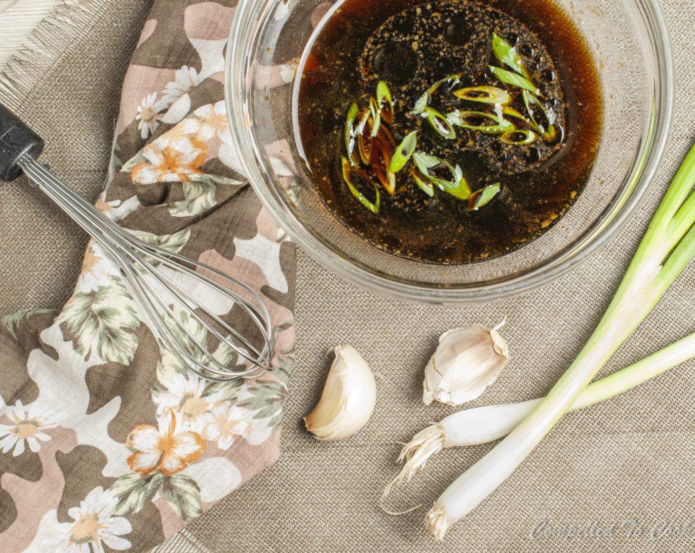 step 1 In a small bowl, whisk together Low-Sodium Soy Sauce (1/2 cup), Rice Vinegar (2 Tbsp), Water (2 Tbsp), Brown Sugar (2 tsp), Garlic (2 cloves), Sesame Oil (2 tsp), and Fresh Ginger (1/2 tsp). Set aside.
