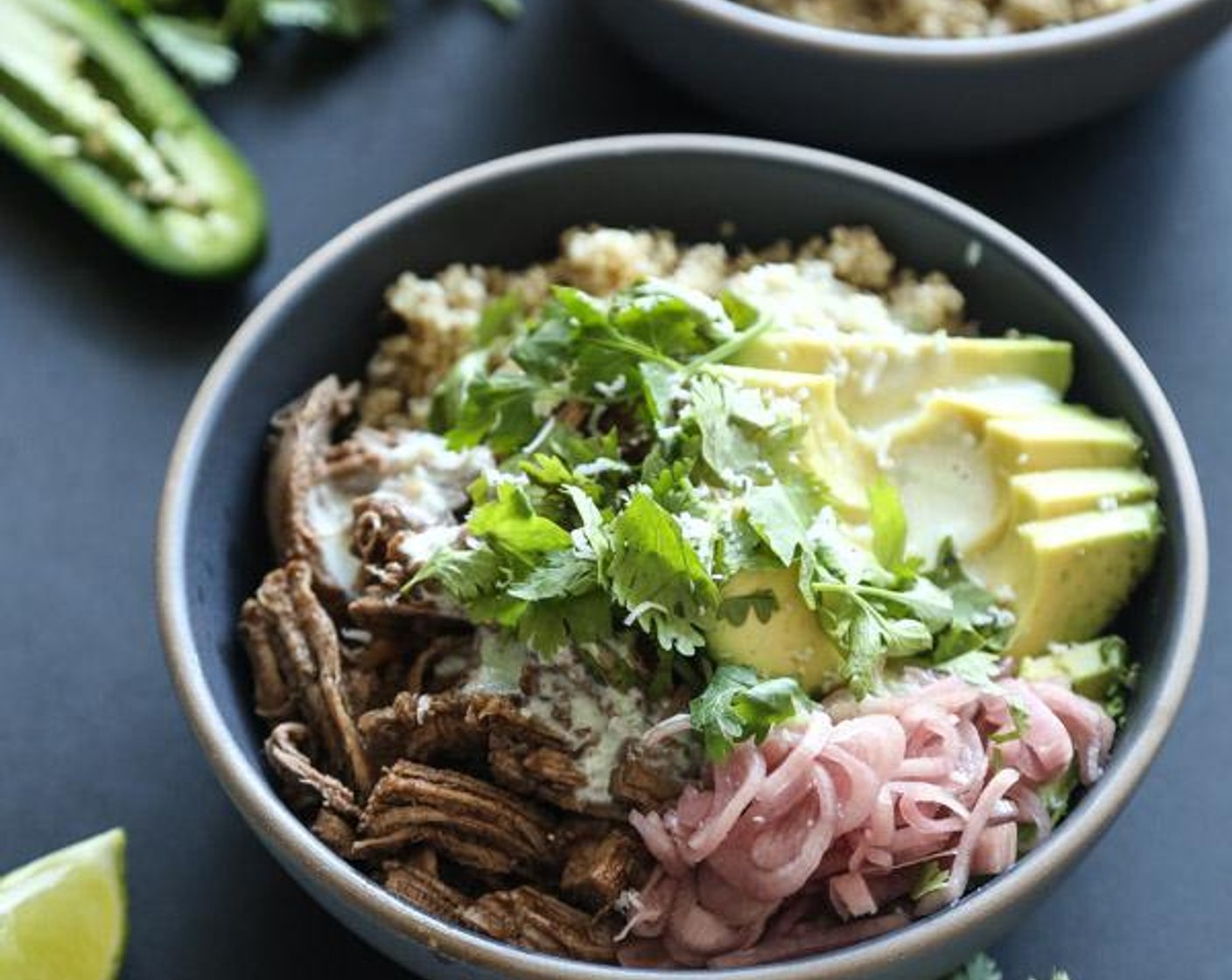 Speedy Five-Spice Pulled Pork Burrito Bowls with Quinoa and Kefir-Jalapeno Crema