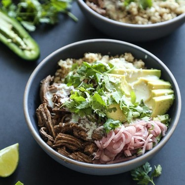 Speedy Five-Spice Pulled Pork Burrito Bowls with Quinoa and Kefir-Jalapeno Crema Recipe | SideChef