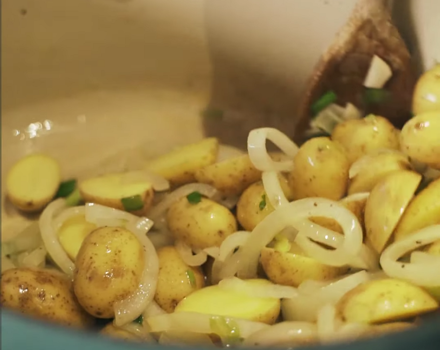 step 4 Now, toss in your Baby Potatoes (2 cups) and cook for 2-3 minutes. Throw in your Vegetable Broth Paste (2 Tbsp) and Nutritional Yeast (2 Tbsp), stir till all the potatoes are well coated.