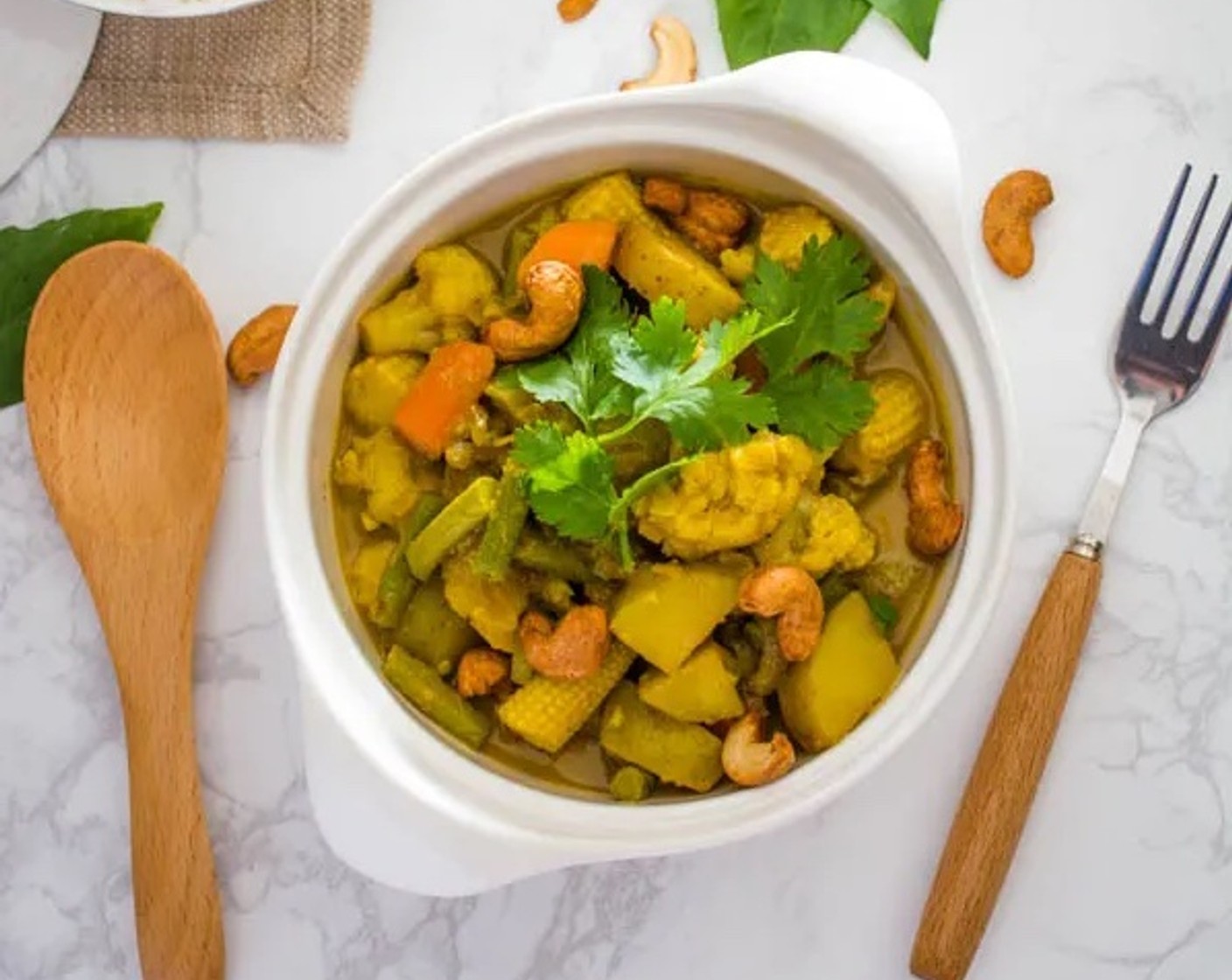 step 8 Garnish with Unsalted Cashews (1 cup), Fresh Basil Leaf (1 cup), and Fresh Cilantro (1 cup). Serve with steamed jasmine rice. Enjoy!