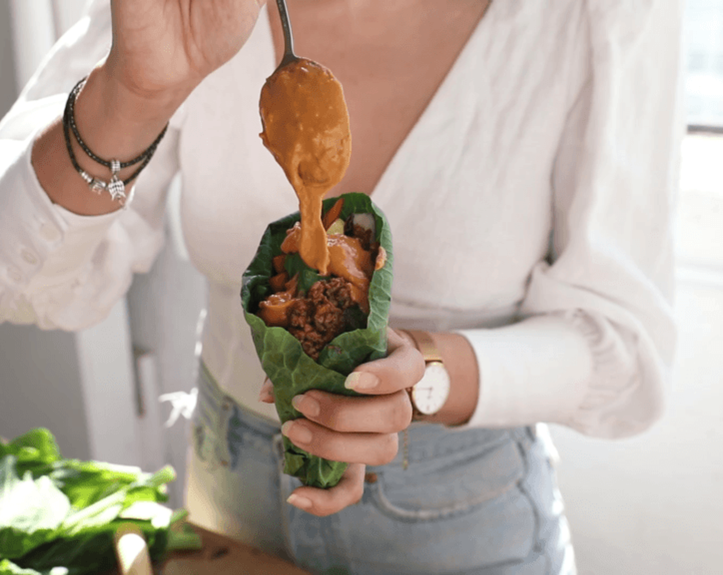 step 5 Once you've added your vegetables, add the ground round mixture, and top with sauce. Alternatively, you can place your vegetables, sauce, and ground mixture on the table and assemble there, just depends on how many you think you and your family will be having.