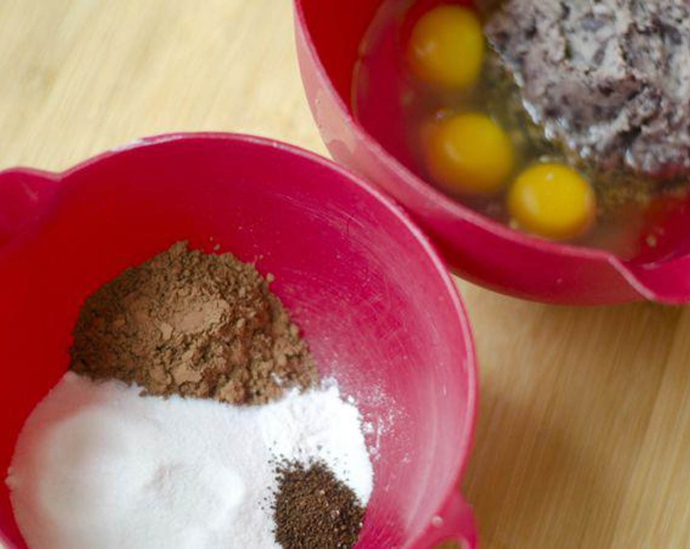 step 2 Mix black beans, Eggs (3), Oil (3 Tbsp), and Vanilla Extract (1 tsp). In a separate bowl mix Unsweetened Cocoa Powder (1/4 cup), Caster Sugar (2/3 cup), Baking Powder (1/2 tsp), Salt (1/4 tsp), and Ground Coffee (1/2 tsp), if you have it.