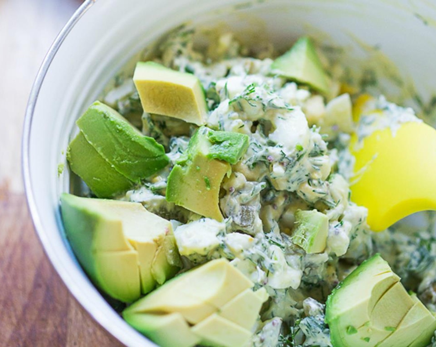 step 4 Add eggs to the mayonnaise mixture and gently fold in. Add the diced Avocado (1) gently fold in.  Season with Kosher Salt (to taste) and Freshly Ground Black Pepper (to taste).